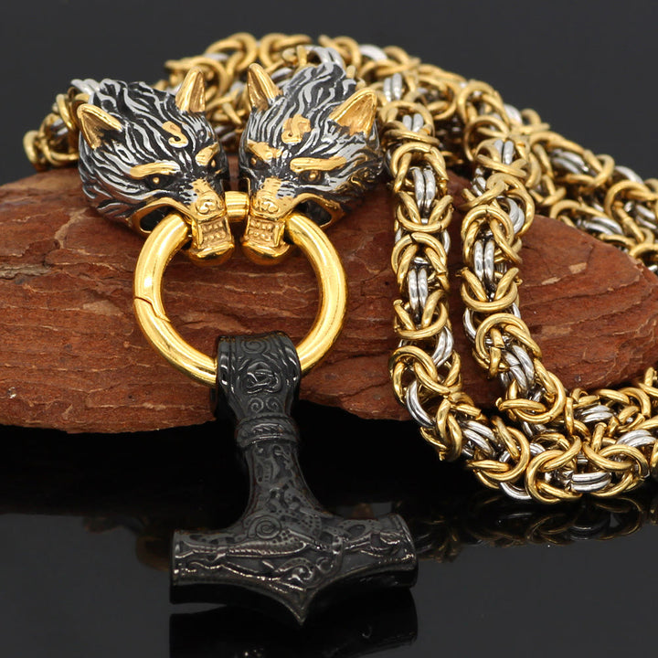 WorldNorse Twin Wolf Head Mjölnir Necklace