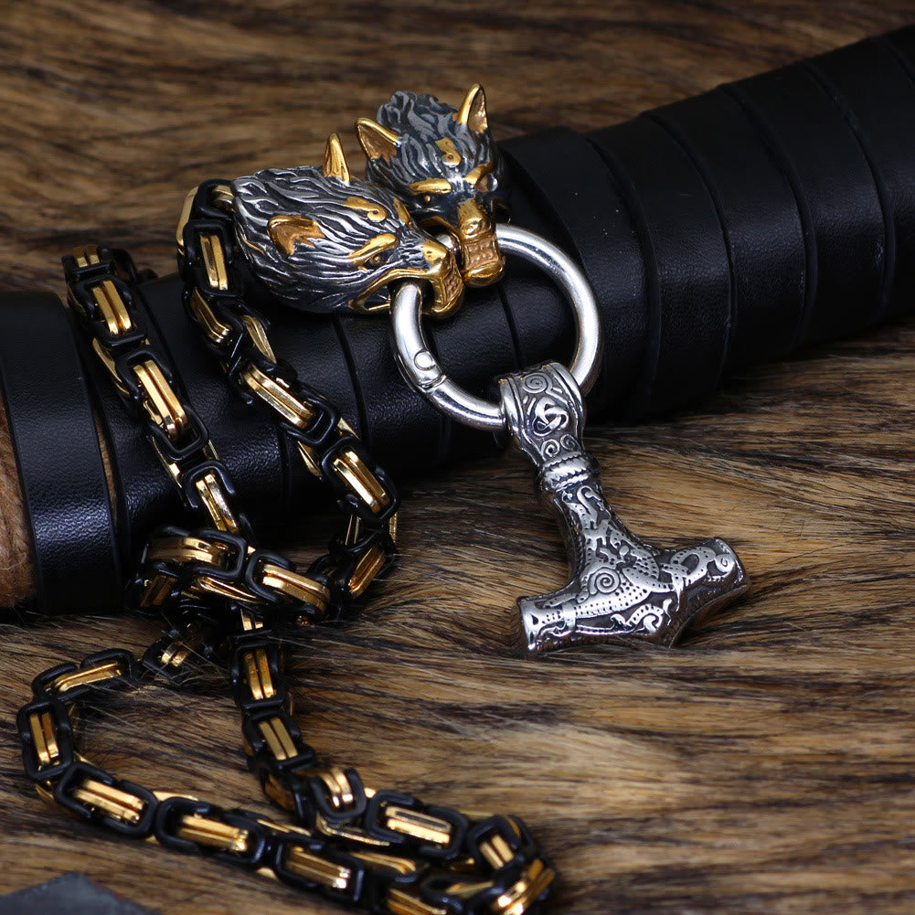 WorldNorse Twin Wolf Head Mjölnir Rune Necklace - Silver - 70cm - image 2