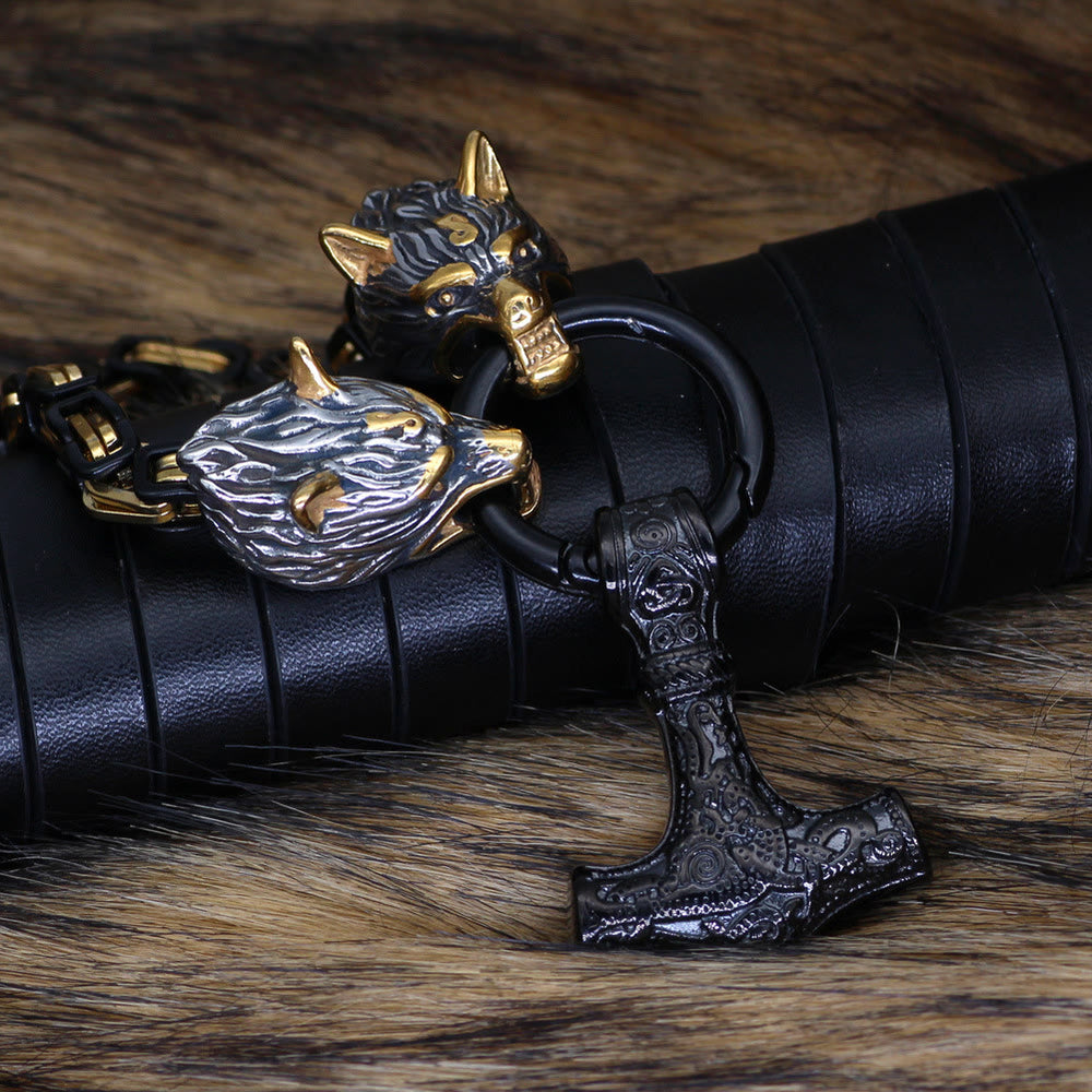 WorldNorse Twin Wolf Head Mjölnir Rune Necklace - Black - 70cm - image 1