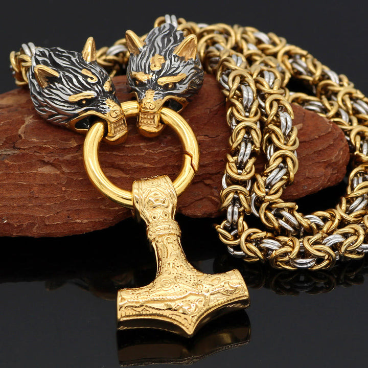 WorldNorse Twin Wolf Head Mjölnir Necklace