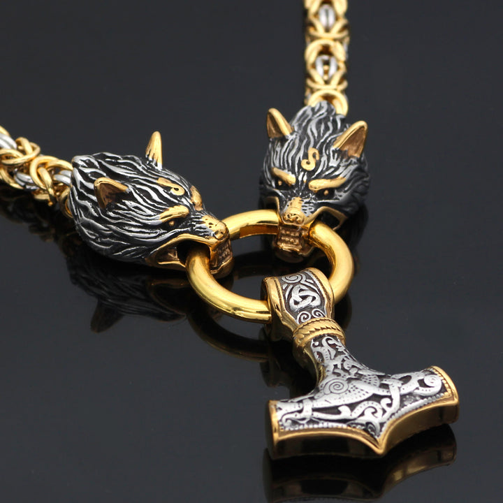 WorldNorse Twin Wolf Head Mjölnir Necklace