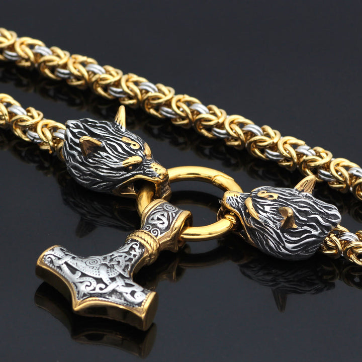 WorldNorse Twin Wolf Head Mjölnir Necklace