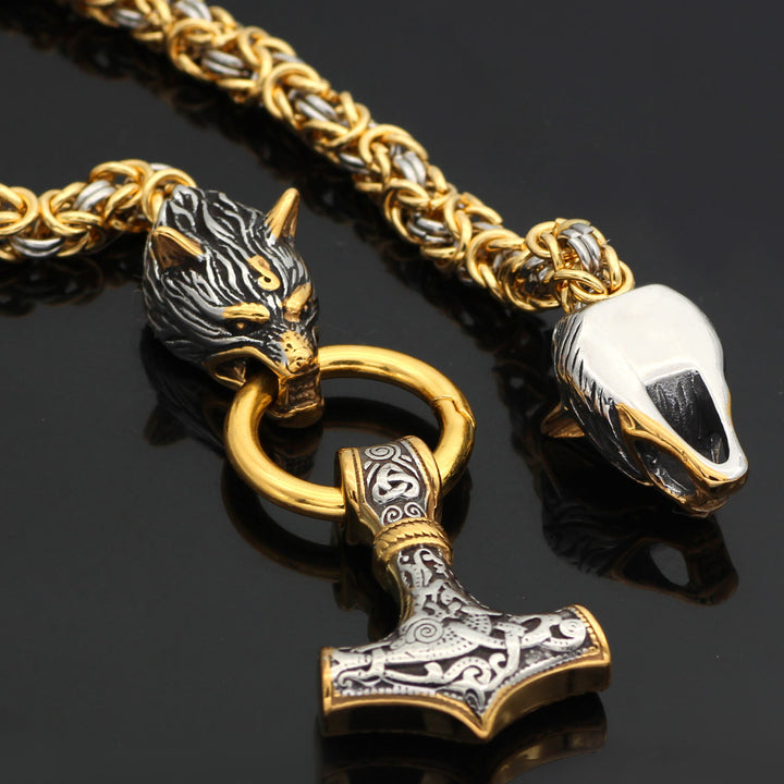 WorldNorse Twin Wolf Head Mjölnir Necklace