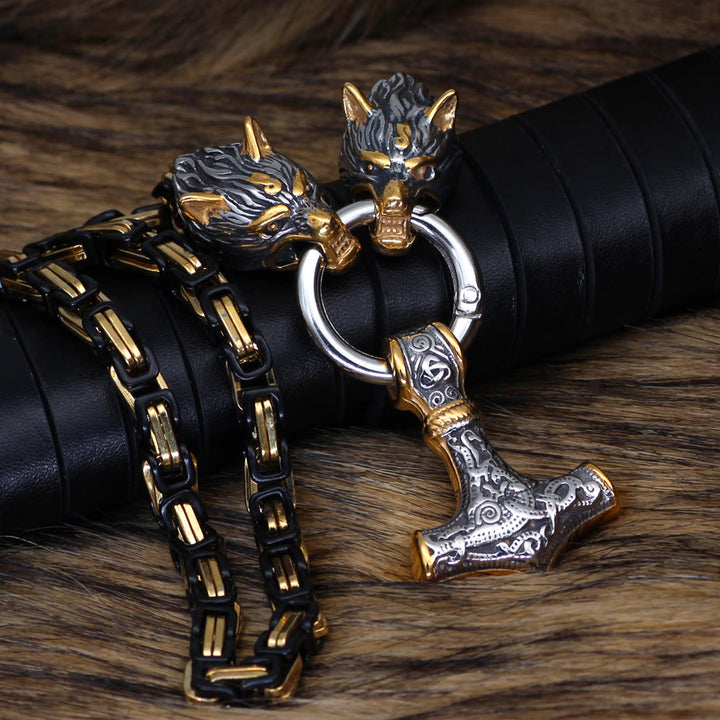 WorldNorse Twin Wolf Head Mjölnir Rune Necklace - Gold & Silver - 70cm - image 3