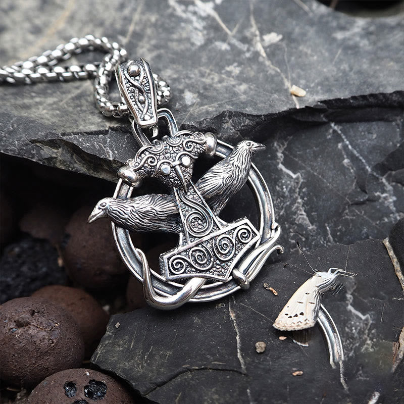 WorldNorse Handcrafted 925 Silver Mjolnir Huginn and Muninn Necklace - image 3