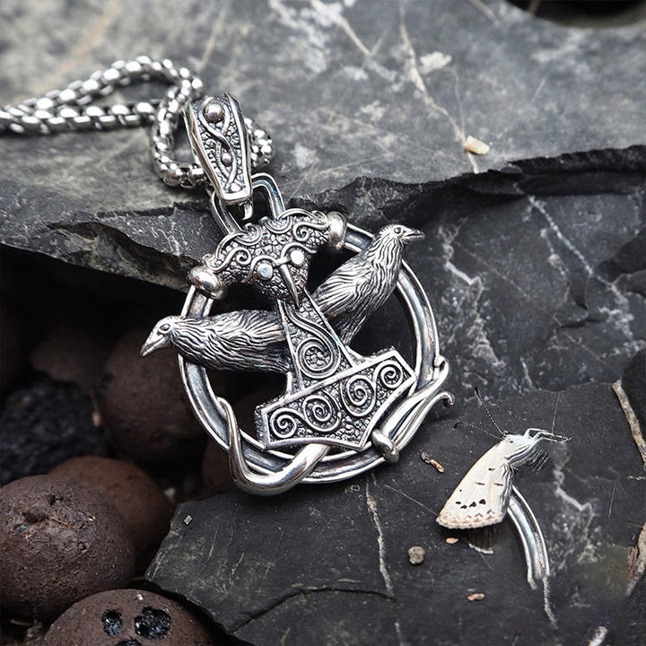WorldNorse Handcrafted 925 Silver Mjolnir Huginn and Muninn Necklace - image 3