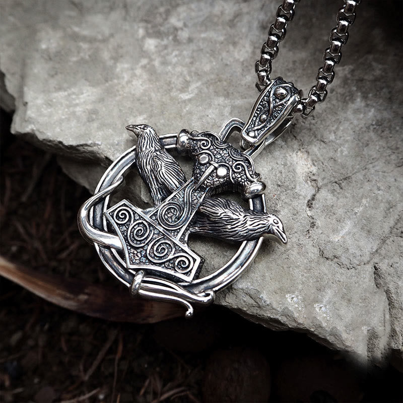 WorldNorse 925 Sterling Silver Mjolnir Huginn and Muninn Necklace - image 4