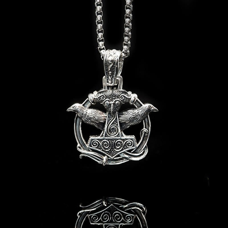 WorldNorse Handcrafted 925 Silver Mjolnir Huginn and Muninn Necklace - Raven - image 0