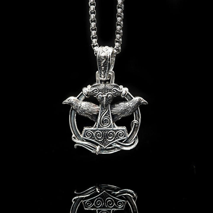 WorldNorse Handcrafted 925 Silver Mjolnir Huginn and Muninn Necklace - Raven - image 0