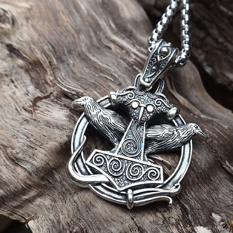 WorldNorse Handcrafted 925 Silver Mjolnir Huginn and Muninn Necklace - image 2