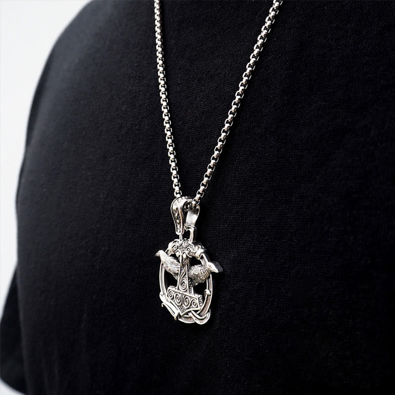 WorldNorse Handcrafted 925 Silver Mjolnir Huginn and Muninn Necklace - image 1