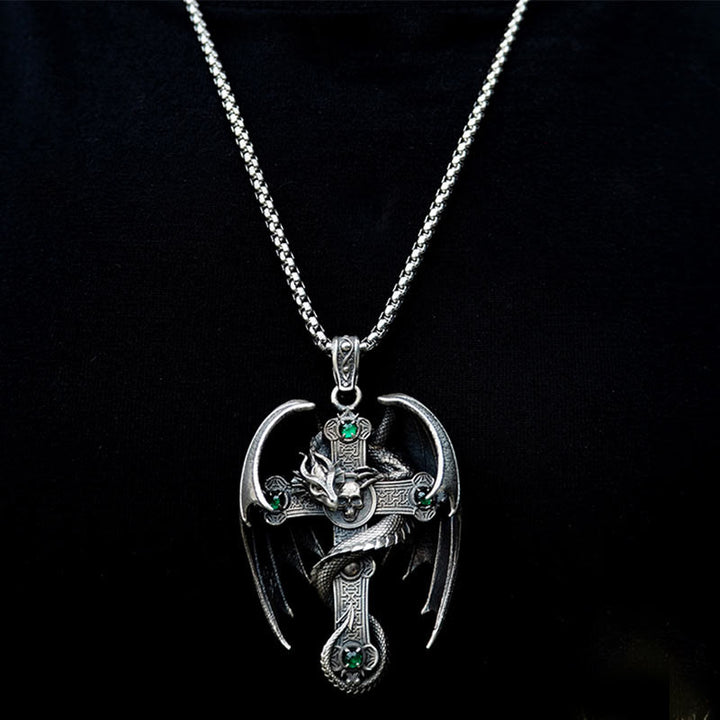 WorldNorse 925 Sterling Silver Gothic Emerald Dragon Cross Necklace - image 8