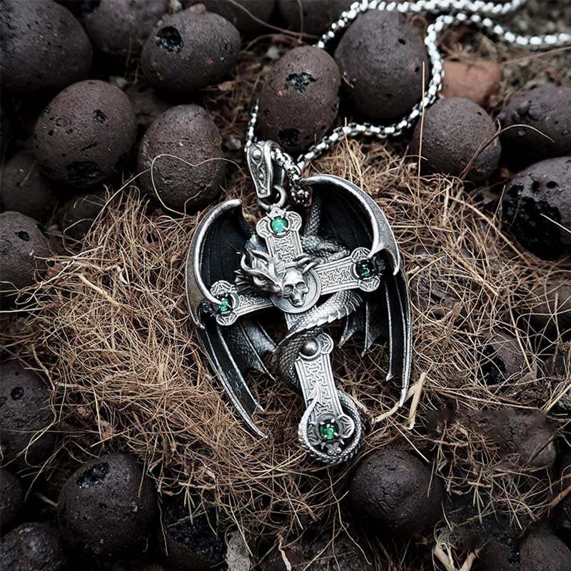 WorldNorse 925 Sterling Silver Gothic Emerald Dragon Cross Necklace - image 4