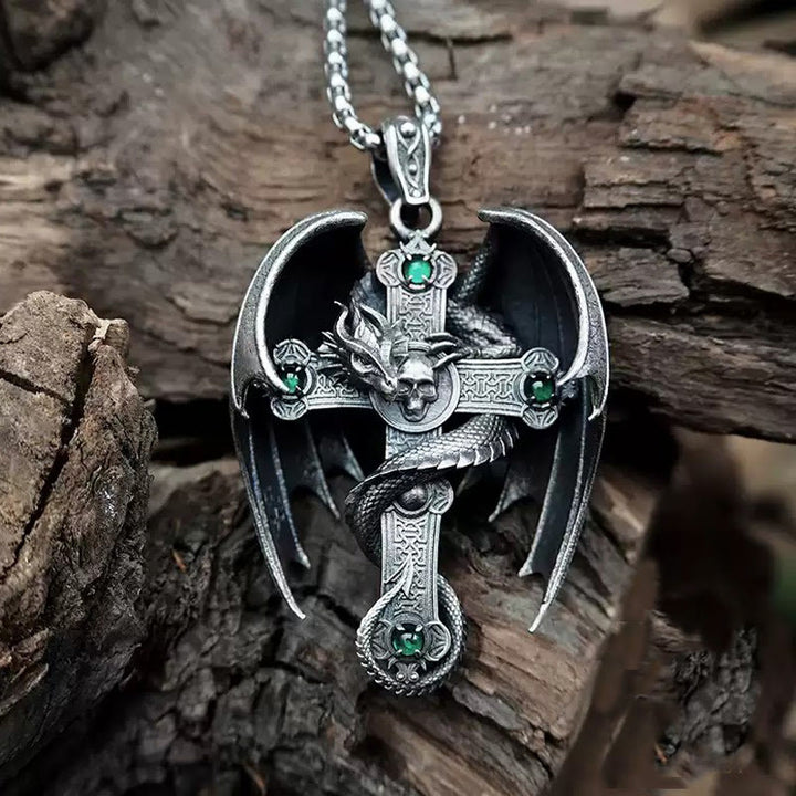 WorldNorse 925 Sterling Silver Gothic Emerald Dragon Cross Necklace - image 3