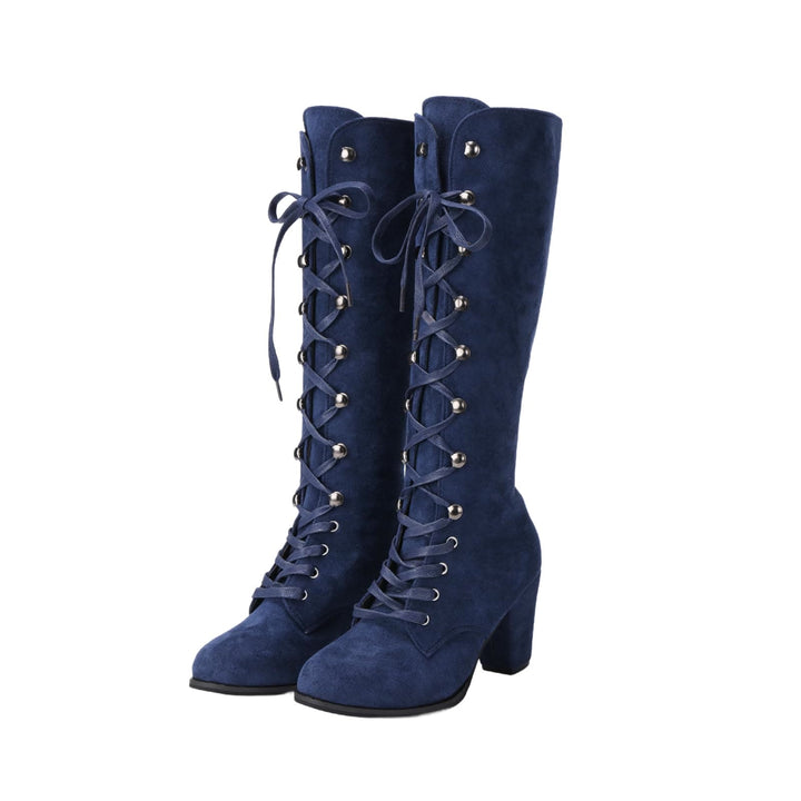 WorldNorse Women Chunky Heel Lace Up Mid Calf Boots - Blue - 43 - image 4