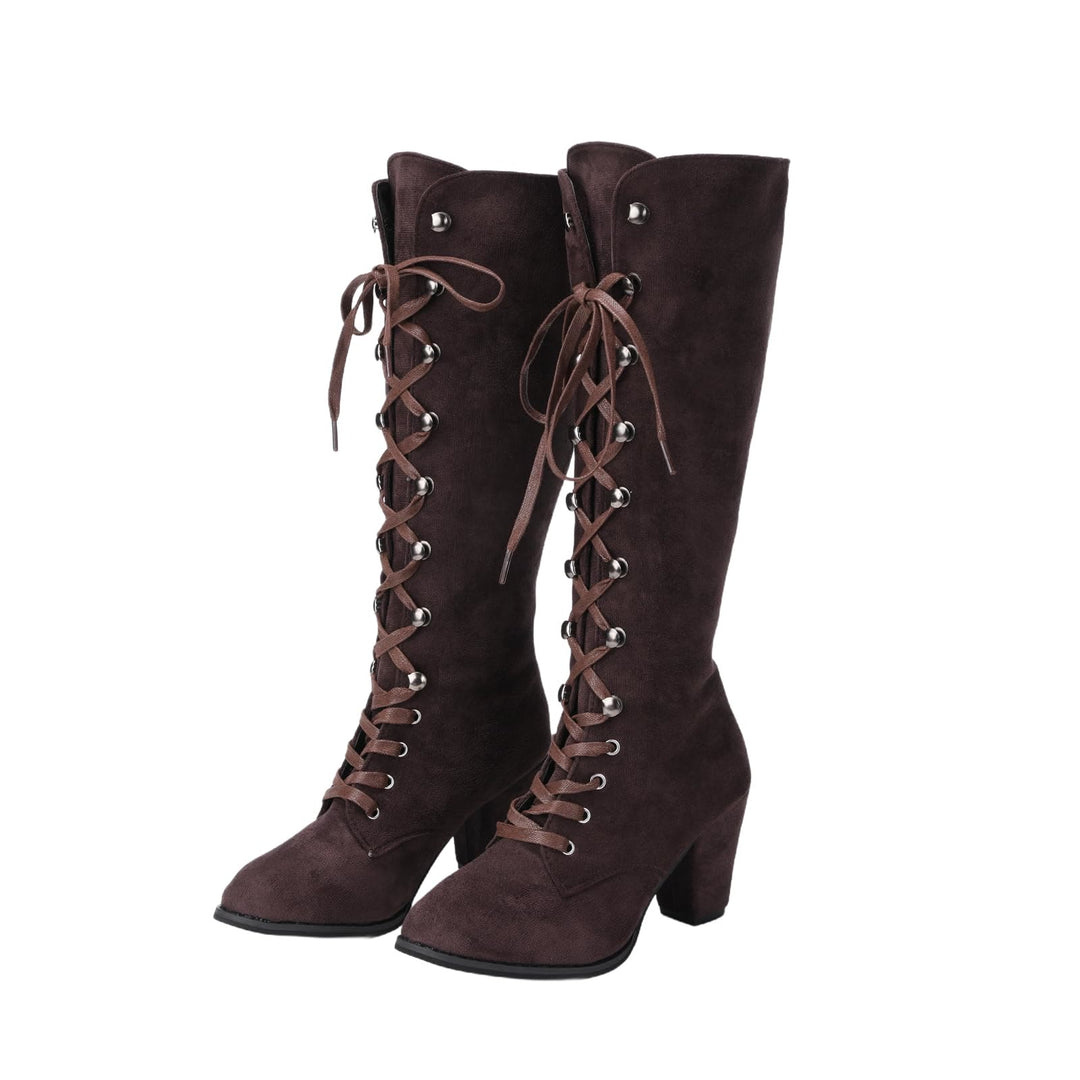 WorldNorse Women Chunky Heel Lace Up Mid Calf Boots - Brown - 43 - image 9