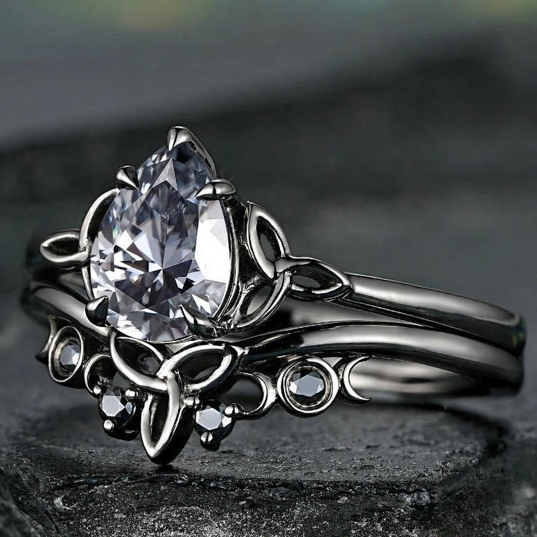WorldNorse Vintage Celtic Knot Pear Gray Moissanite Ring Set - image 7