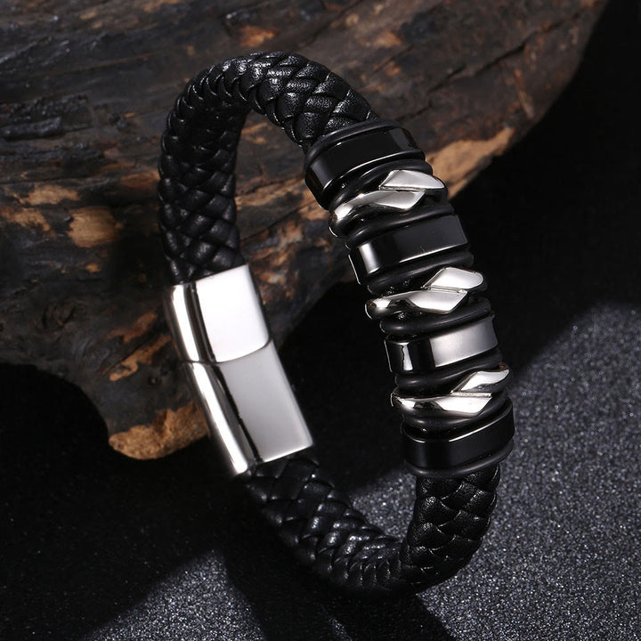 WorldNorse Punk Spiral Leather Bracelet - Black#Silver & Black - 23.5cm - image 1