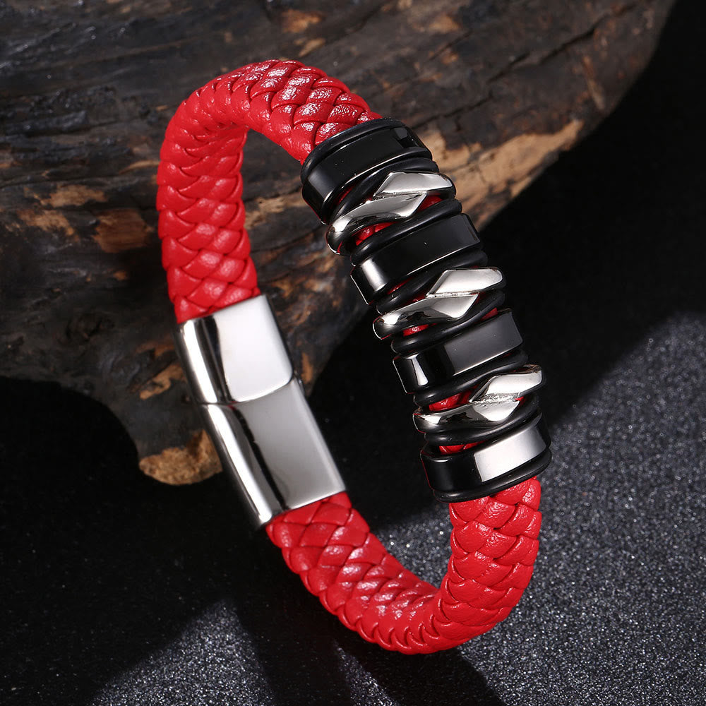 WorldNorse Punk Spiral Leather Bracelet - Red#Silver & Black  - 23.5cm - image 7