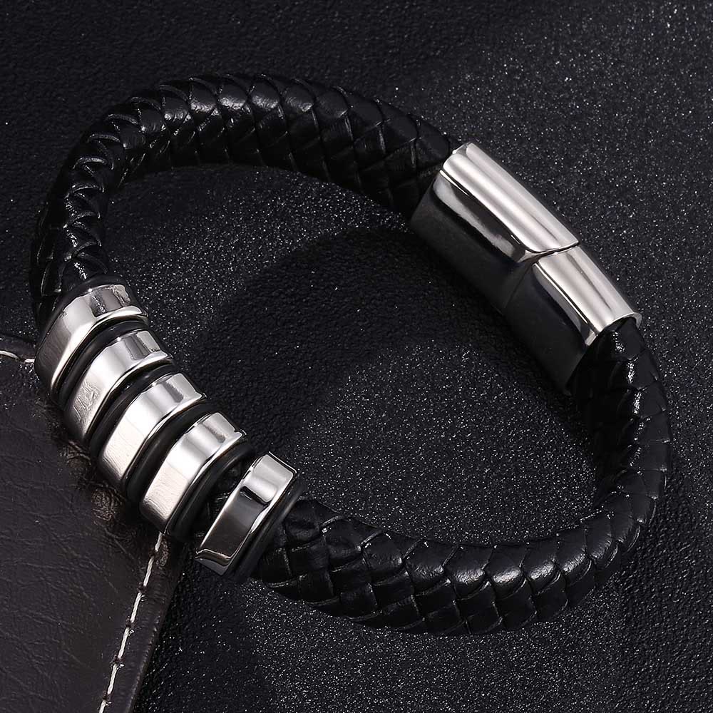 WorldNorse Black Braided Leather Bracelet - Silver - 23.5cm - image 5