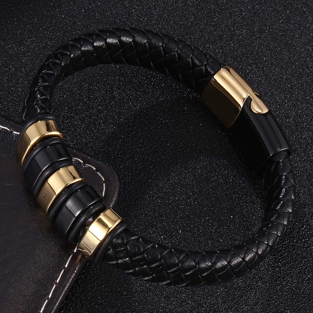 WorldNorse Black Braided Leather Bracelet - Black & Gold - 23.5cm - image 1