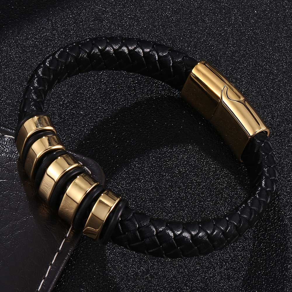 WorldNorse Black Braided Leather Bracelet - Gold - 23.5cm - image 7