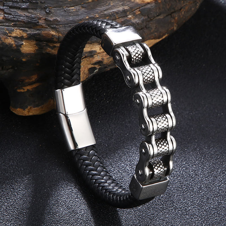 WorldNorse Interwoven Steel Chain Leather Bracelet - 22.5cm - image 1