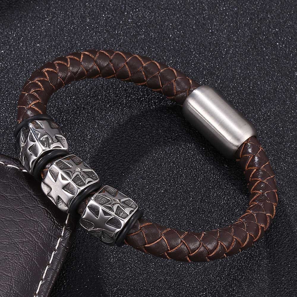 WorldNorse Star Embossed Beads Leather Bracelet - 24cm - image 1
