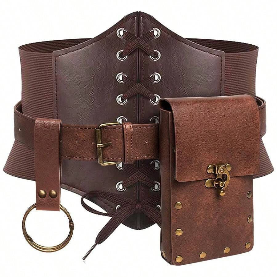 WorldNorse Renaissance Costume Accessories Waist Bag - Belt + Bag + Leather Braces - Brown - image 1