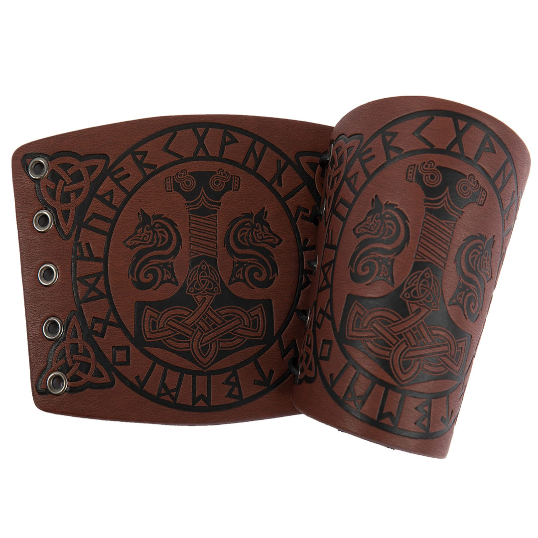 WorldNorse Viking Embossed Mjolnir Wolves Rune Arm Bracers - Brown - image 0