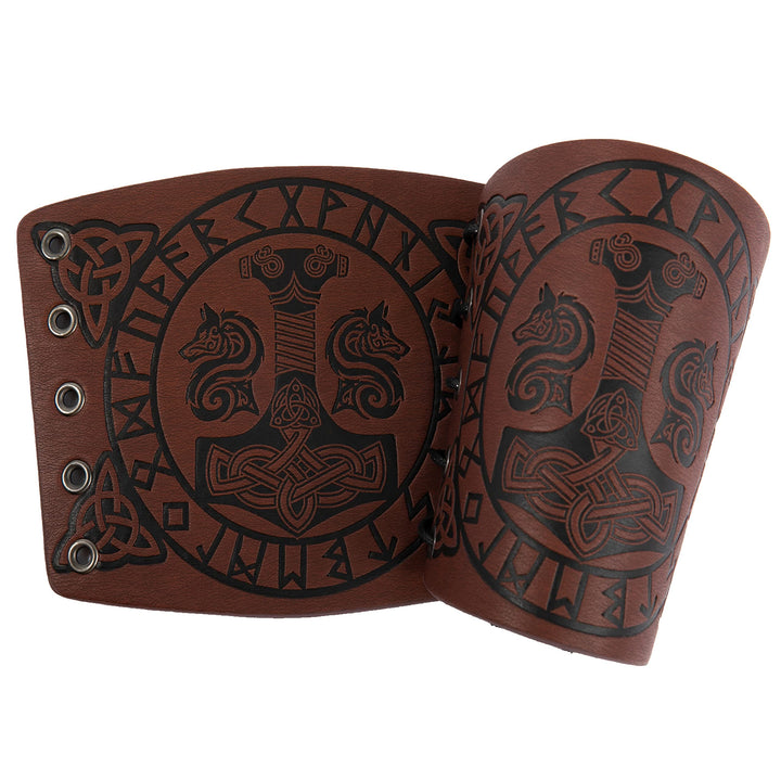 WorldNorse Viking Embossed Mjolnir Wolves Rune Arm Bracers - Brown - image 0