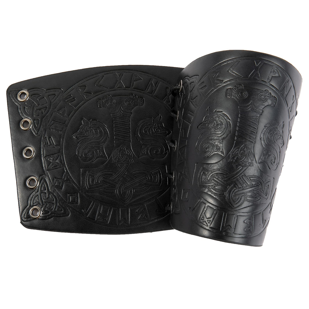 WorldNorse Viking Embossed Mjolnir Wolves Rune Arm Bracers - Black - image 6