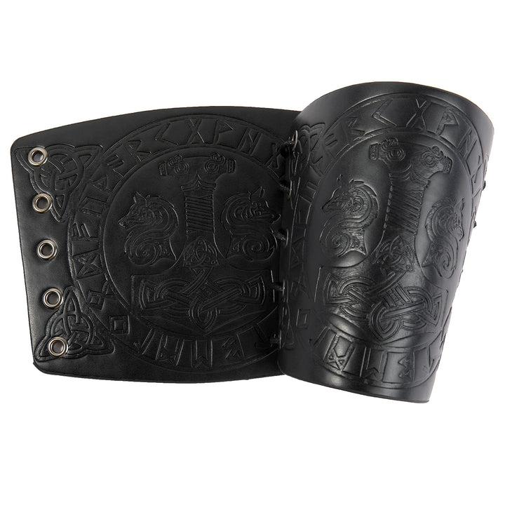 WorldNorse Viking Embossed Mjolnir Wolves Rune Arm Bracers - Black - image 7
