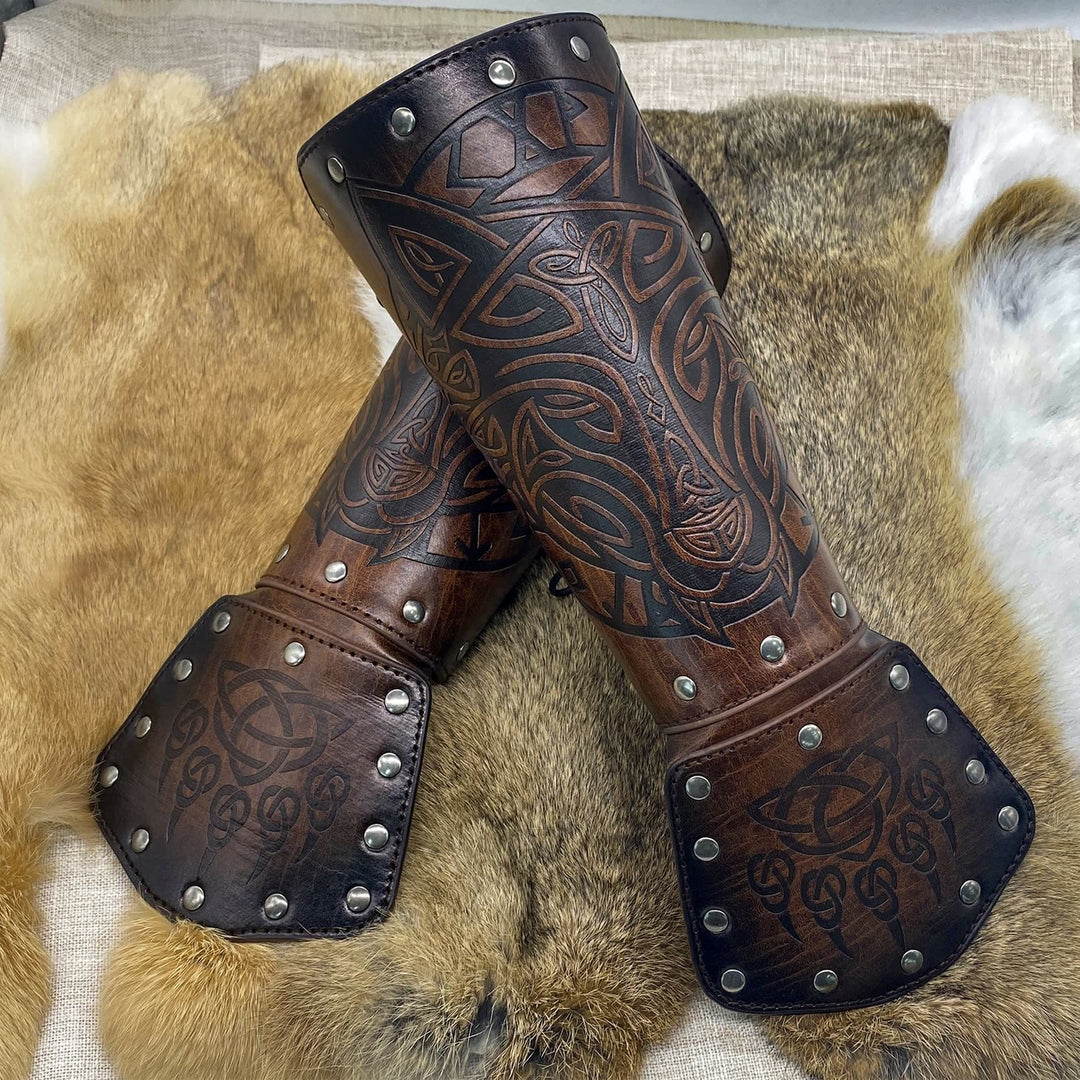 WorldNorse Viking Wolf Triquetra Leather Arm Bracers - image 8