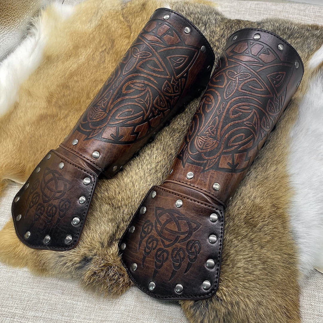 WorldNorse Viking Wolf Triquetra Leather Arm Bracers - Wolf#A - Brown - image 1