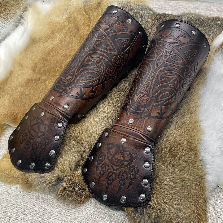WorldNorse Viking Wolf Triquetra Leather Arm Bracers - Wolf#A - Brown - image 0
