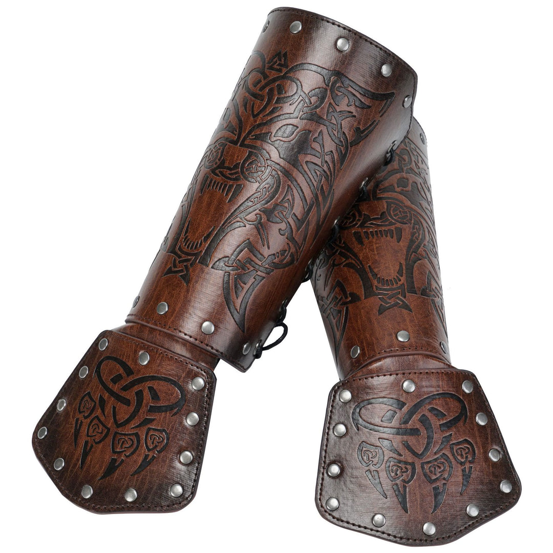 WorldNorse Viking Wolf Triquetra Leather Arm Bracers - Wolf#B - Brown - image 12