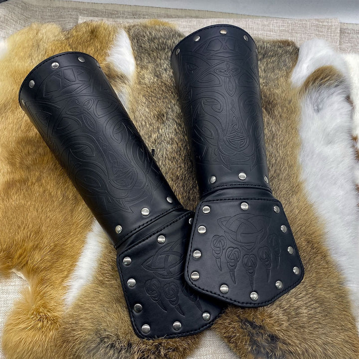 WorldNorse Viking Wolf Triquetra Leather Arm Bracers - Wolf#A - Black - image 9