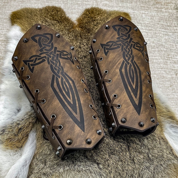 WorldNorse Viking Warrior Bucket Spike Lace Up Arm Bracers - Sword - Brown - image 11