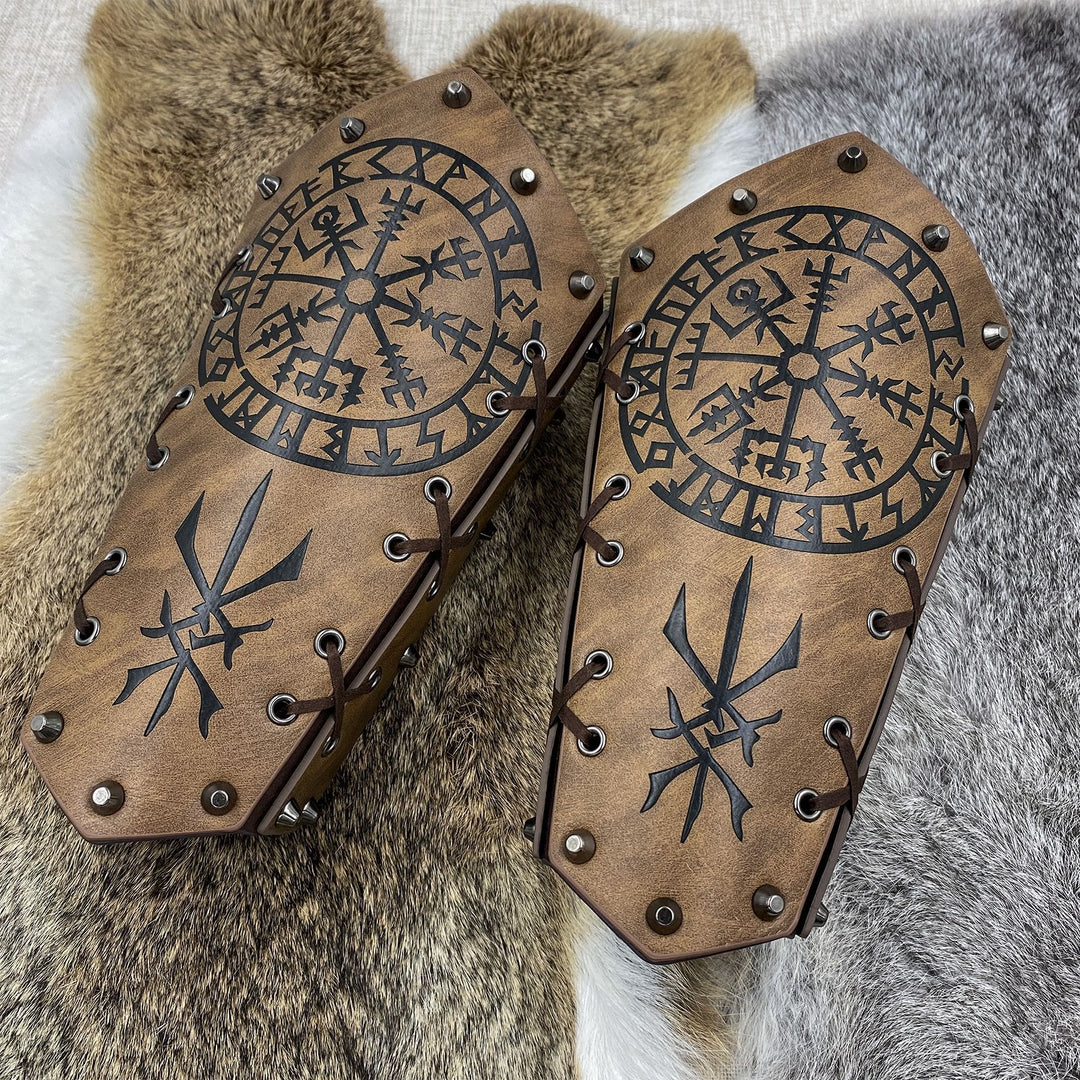 WorldNorse Viking Warrior Bucket Spike Lace Up Arm Bracers - Vegvisir - Brown - image 19