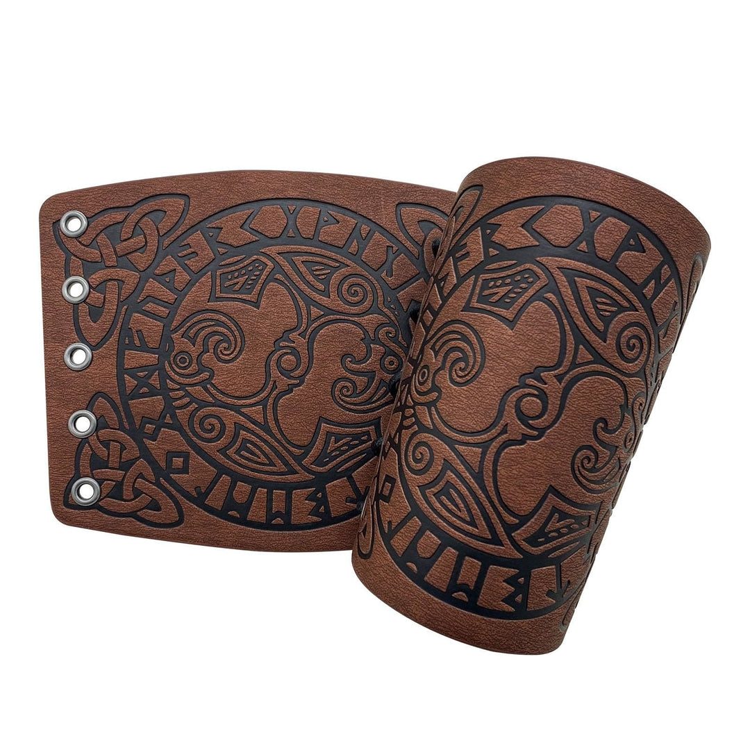 WorldNorse Mythology Odin's Raven Rune Leather Arm Bracers - Brown - image 1