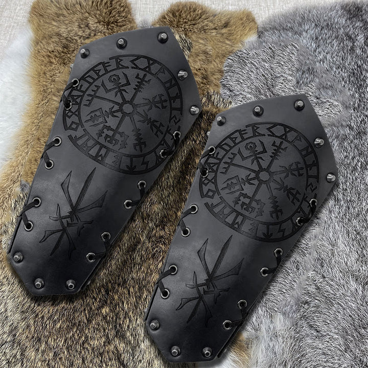 WorldNorse Viking Warrior Bucket Spike Lace Up Arm Bracers - Vegvisir - Black - image 21