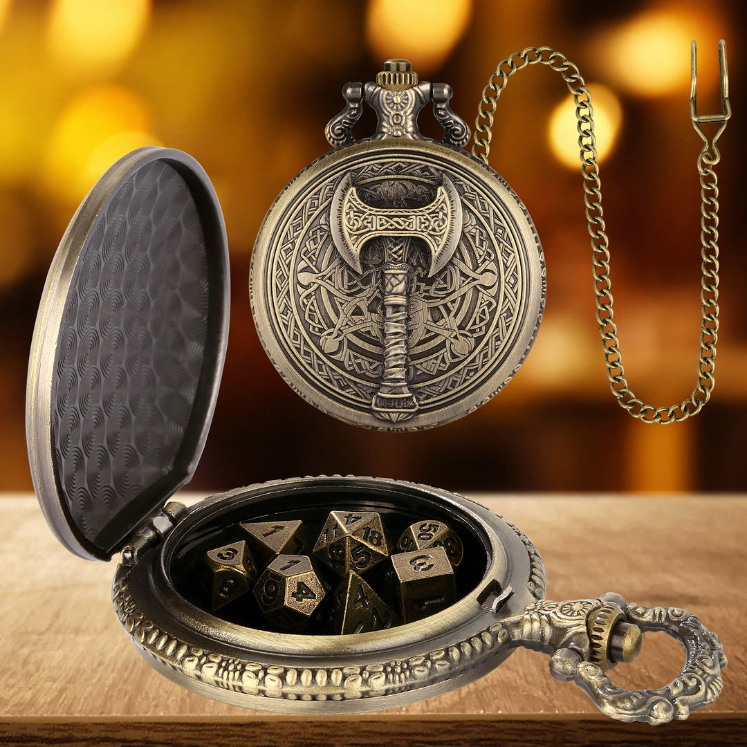 WorldNorse Viking Axe Three Dimensional Dice Waist Chain - Pocket Watch Case + Chain + Dice - Gold - image 1