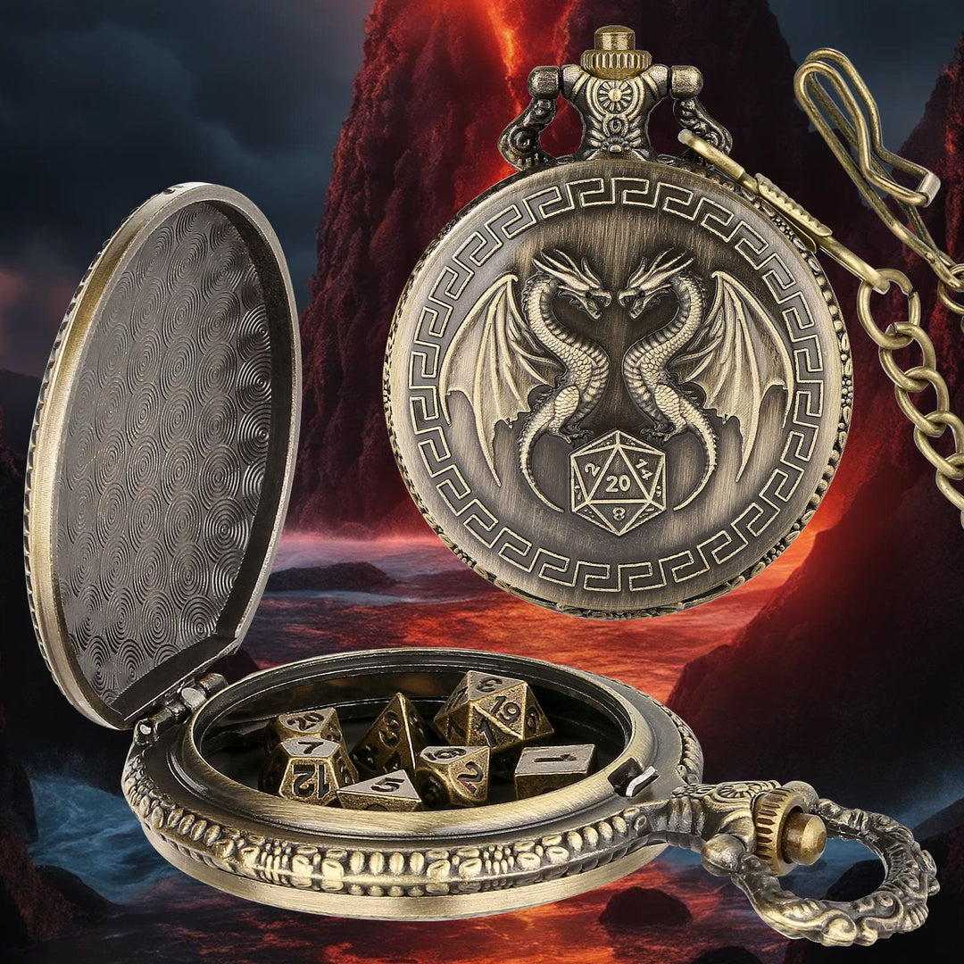 WorldNorse Double Dragon Polyhedral Dice Waist Chain - Pocket Watch Case + Chain + Dice - Gold - image 0