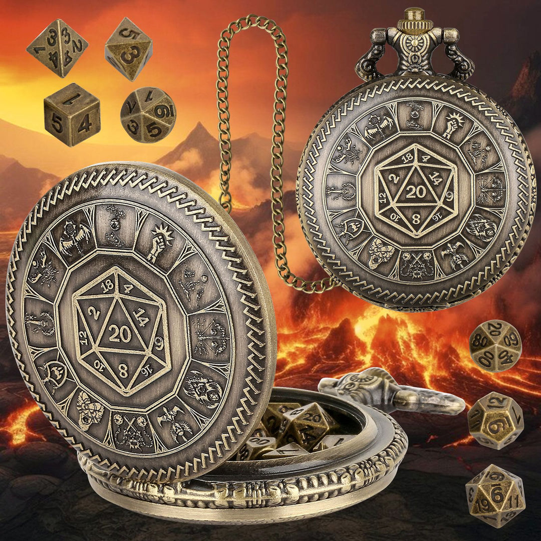 WorldNorse Geometric Mini Dice Set Waist Chain - Pocket Watch Case + Chain + Dice - Gold - image 1