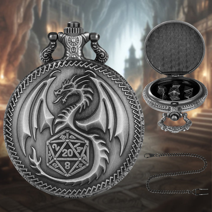 WorldNorse Steampunk Dragon Polyhedral Dice Waist Chain - Pocket Watch Case + Chain + Dice - Silver - image 7