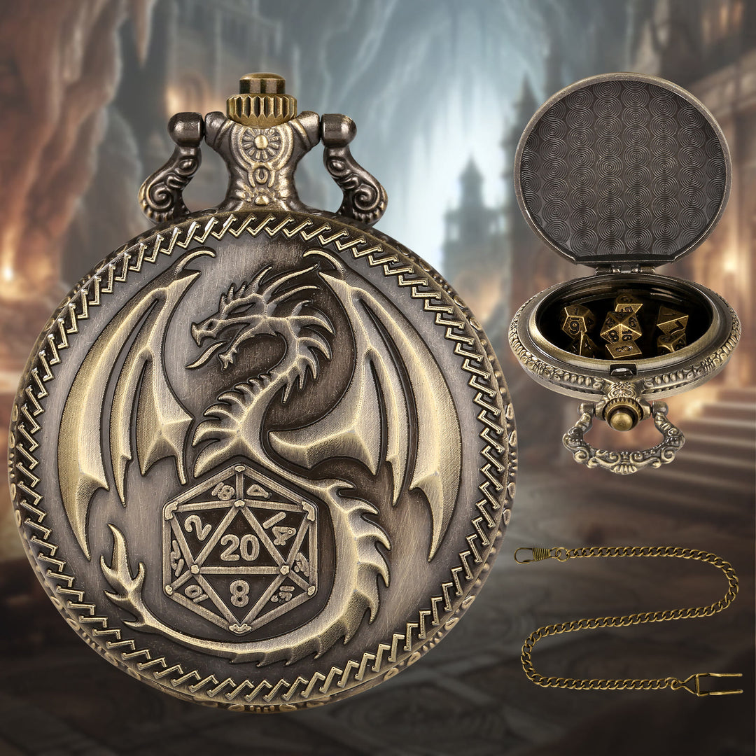 WorldNorse Steampunk Dragon Polyhedral Dice Waist Chain - Pocket Watch Case + Chain + Dice - Gold - image 1