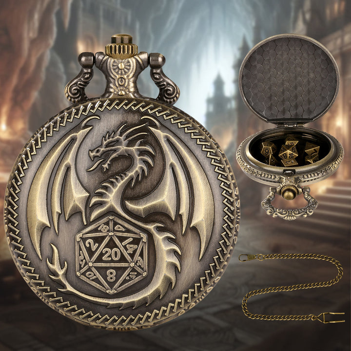 WorldNorse Steampunk Dragon Polyhedral Dice Waist Chain - Pocket Watch Case + Chain + Dice - Gold - image 1