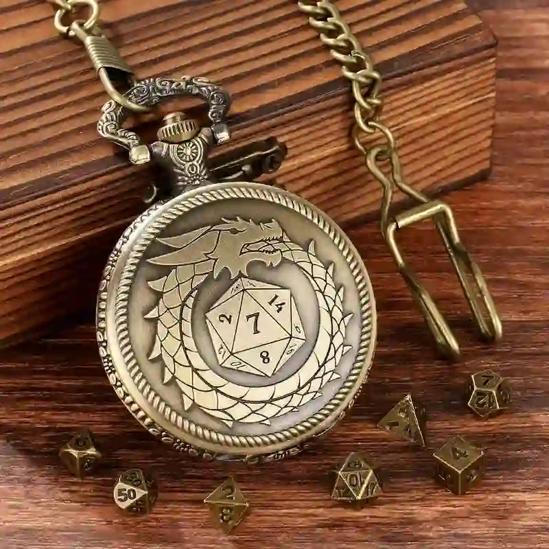 WorldNorse Bronze Dragon Mini Dice Waist Chain - Pocket Watch Case + Chain + Dice - Gold - image 1