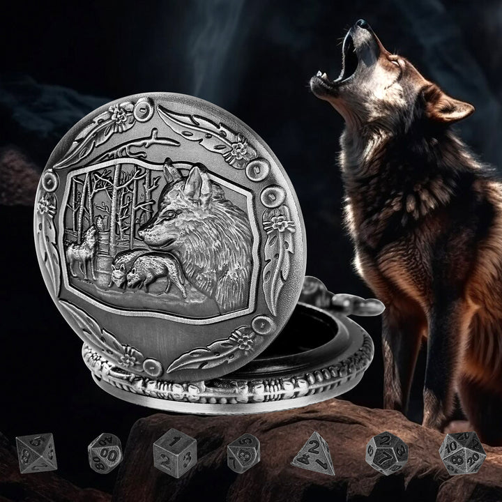WorldNorse Embossed Wolves Dice Case Set Waist Chain - Pocket Watch Case + Chain + Dice - Silver - image 6